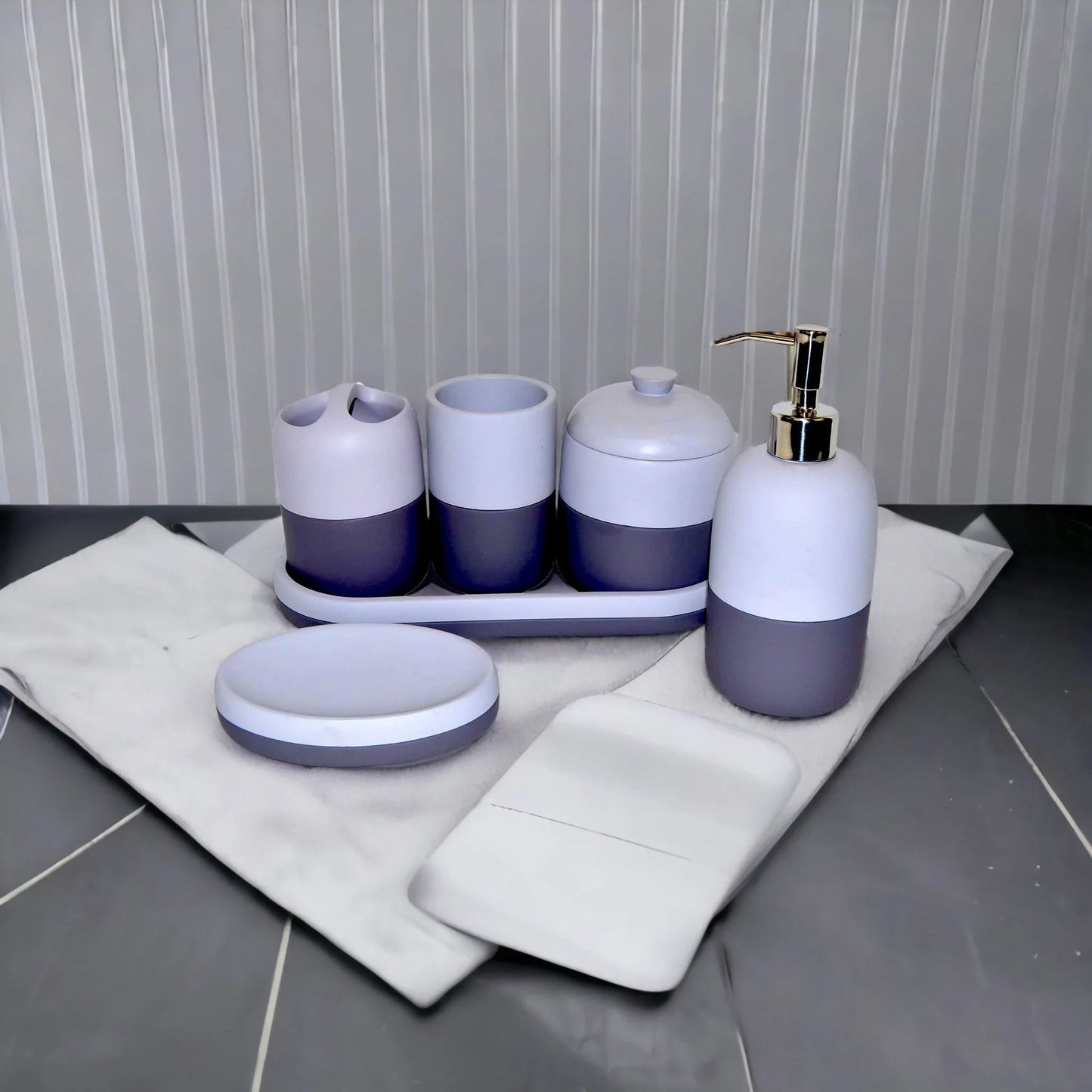Gray Bathroom Accessories Set with Vanity Tray