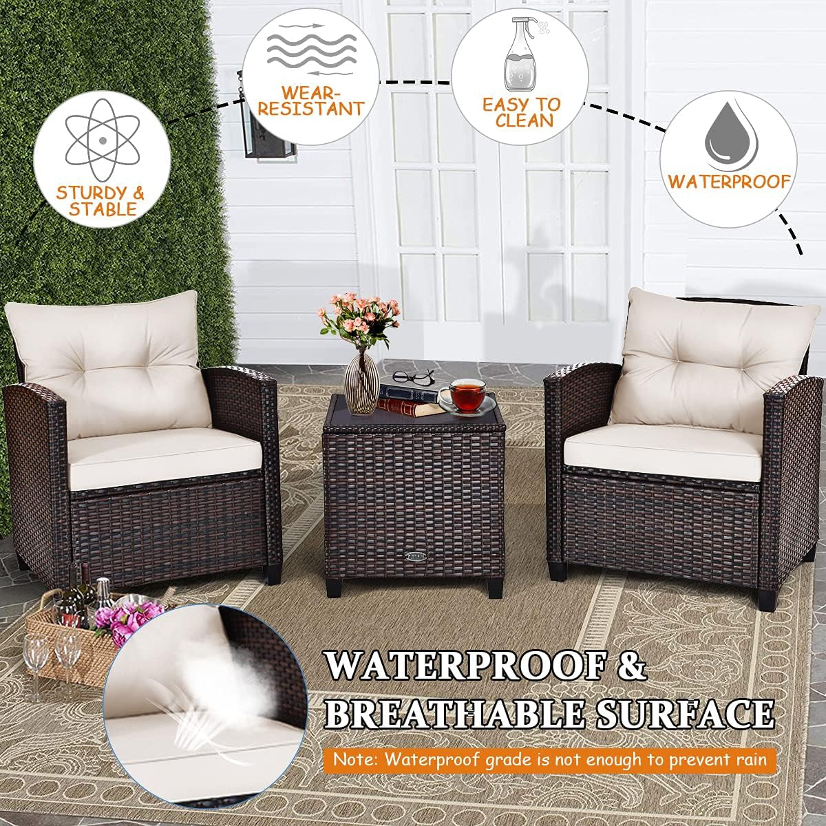 3 Piece Patio Furniture Set White PE Rattan Wicker Outdoor Sofa Set With Washable Cushions And Tempered Glass Tabletop