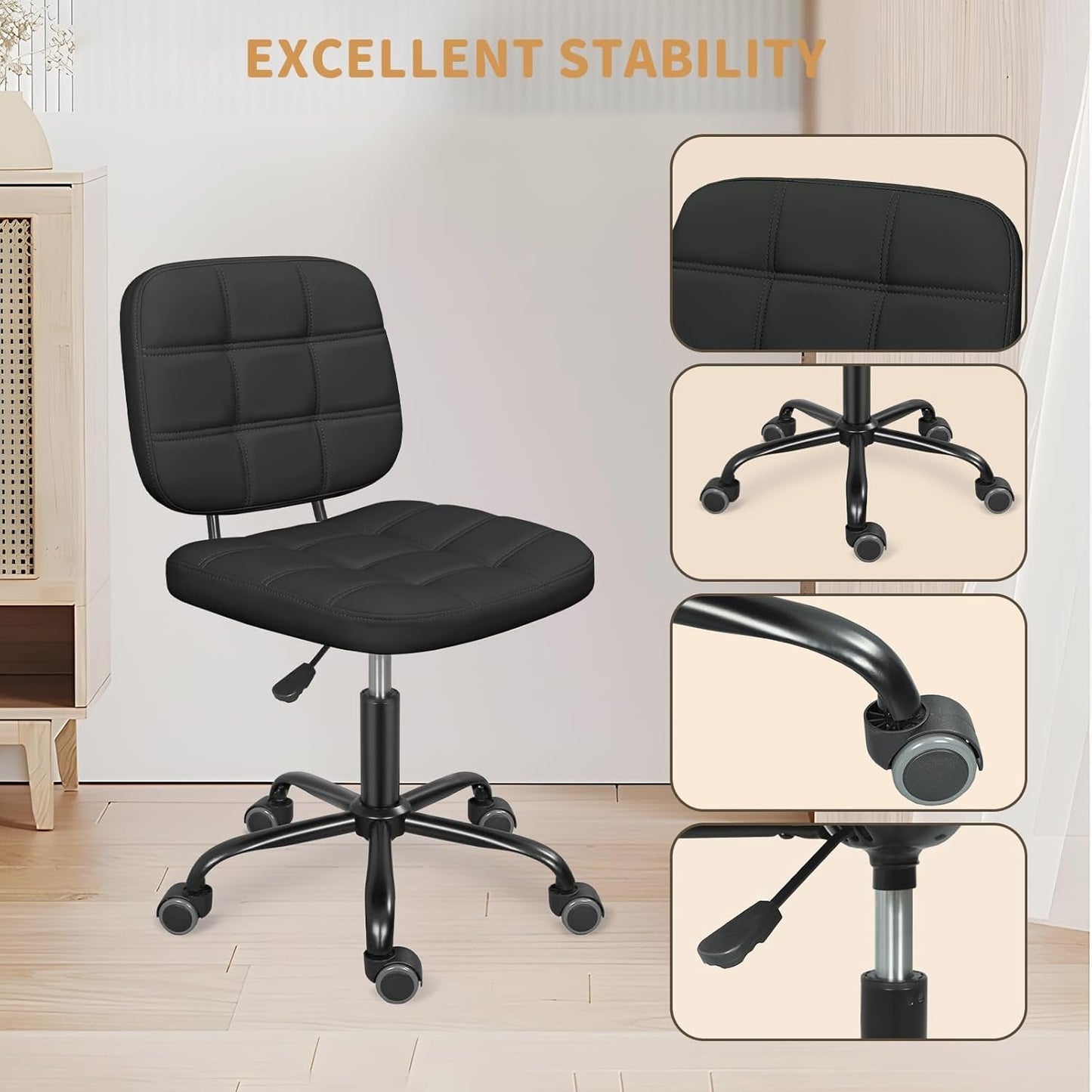 Armless Rolling Desk Chair Black Height Adjustable