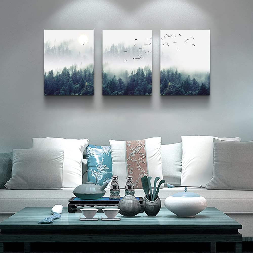 Enchanting Foggy Forest 3-Piece Canvas Wall Art Set - Stretched & Framed Landscape Decor for Living Room, Bedroom, or Office - Ready to Hang 12"x16" Panels