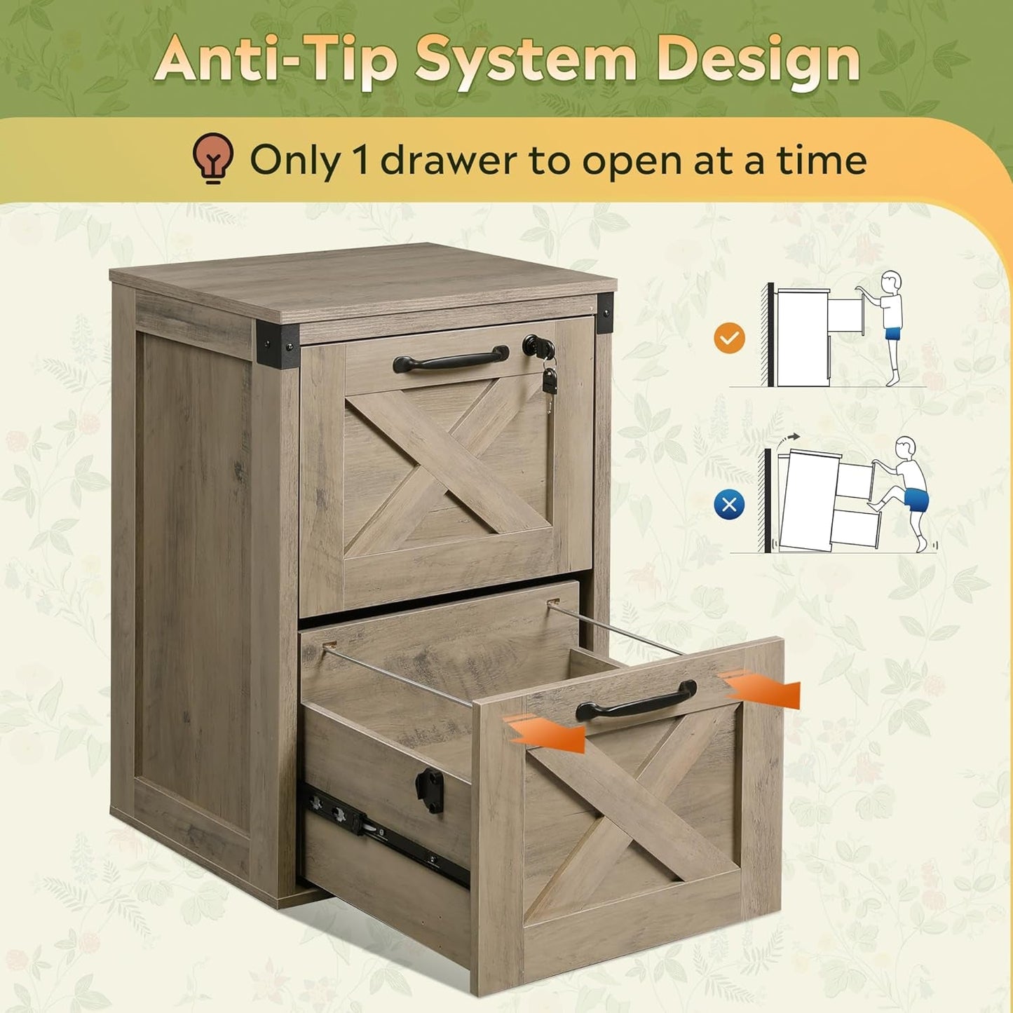 2 Drawer File Cabinet With Lock Gray Oak Farmhouse Home Office Printer Stand Fits Letter A4