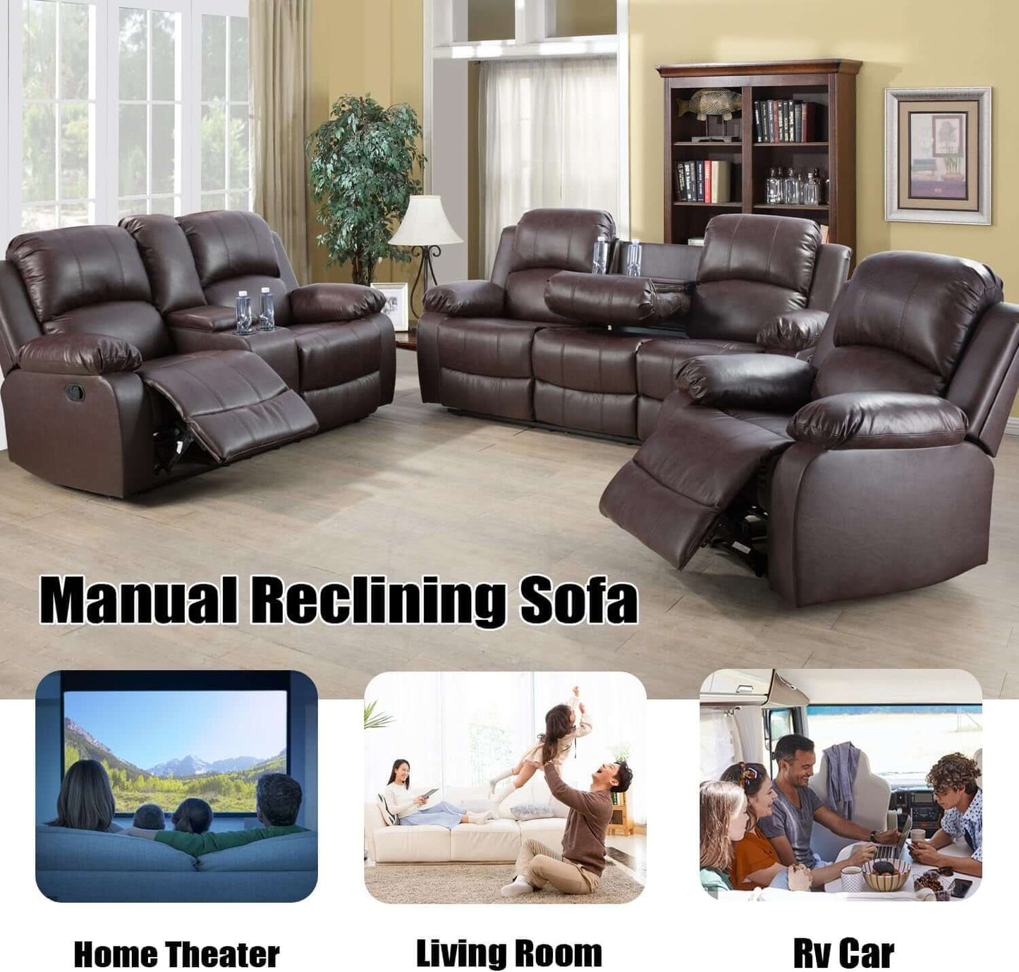 Brown Faux Leather Reclining Living Room Set Sofa Loveseat Chair in a stylish setting with various usage options.