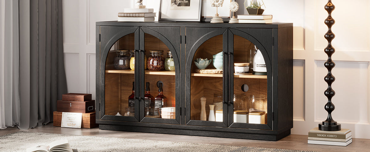 TREXM 4-Door Large Storage Sideboard Buffet Cabinet with Glass Doors - Black