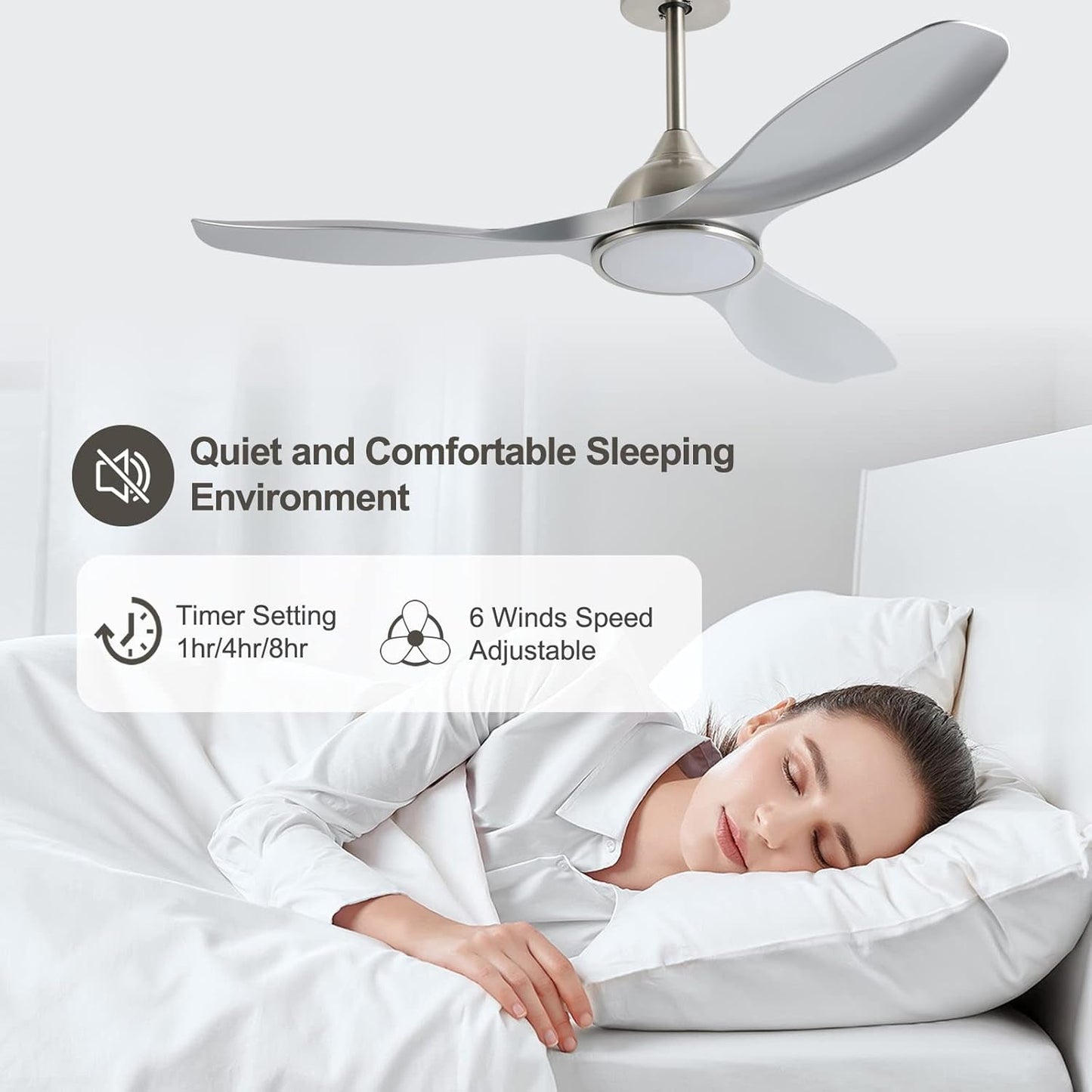 52 Inch Quiet DC Motor Ceiling Fan With LED Lights Remote Control in a peaceful bedroom setting with a woman sleeping.