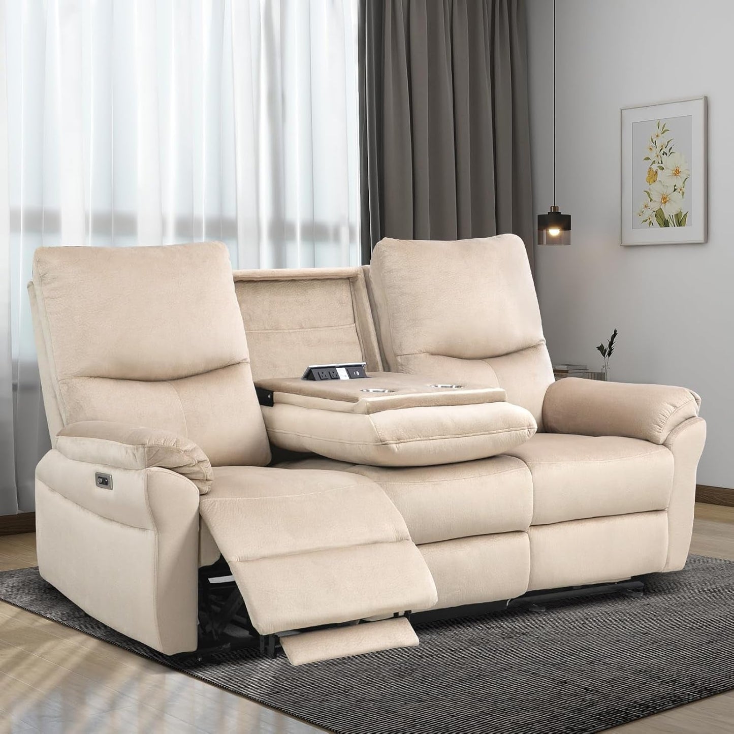 Beige Power Reclining Sofa For Living Room Comfort