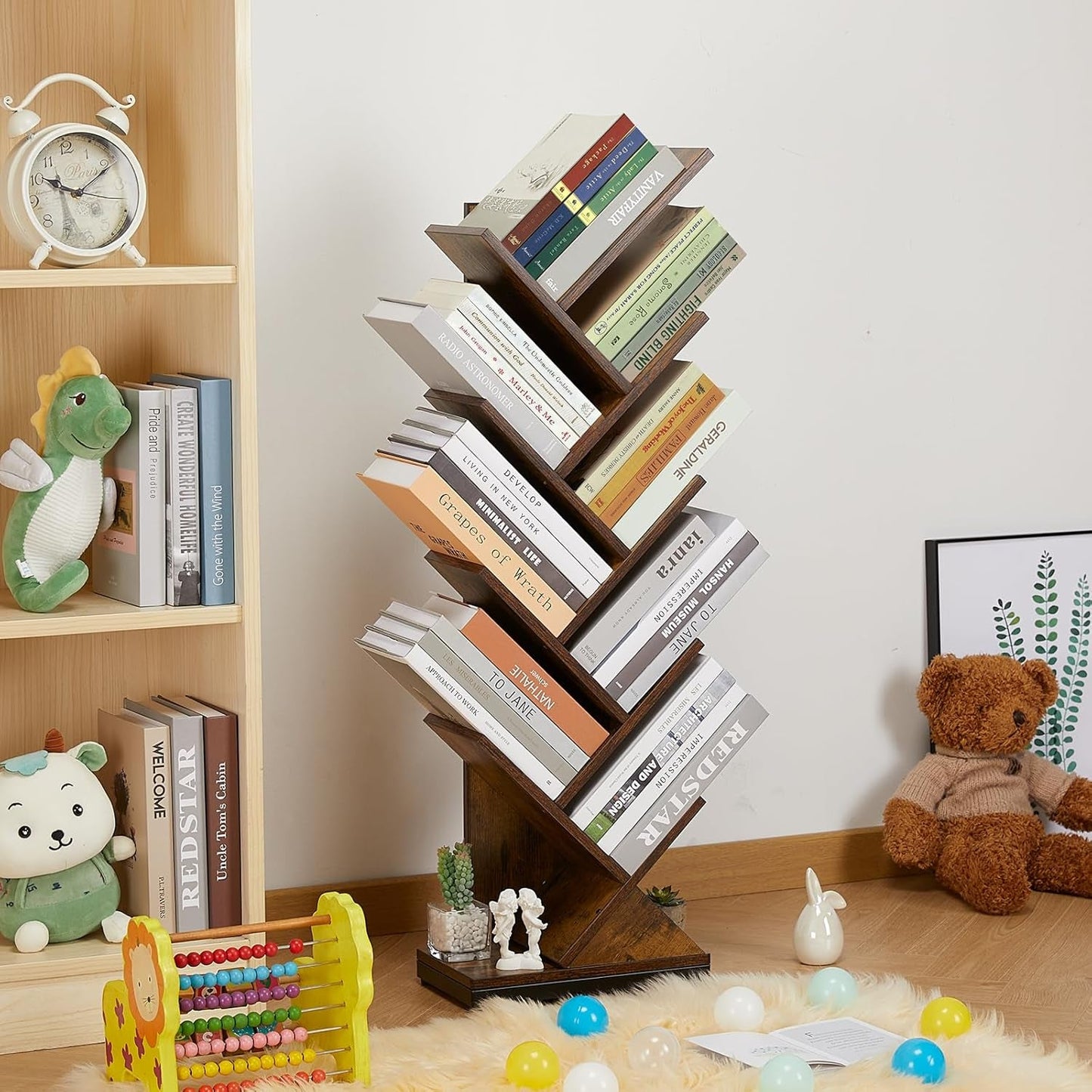 8 Tier Tree Bookshelf Floor Standing Bookcase For Books CDs Rustic Wood