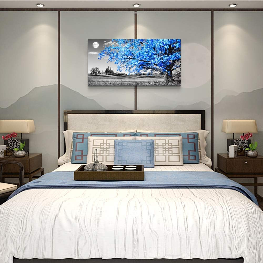 Elegant Blue Moon Tree Landscape Canvas Art – Abstract 20" X 40" Ready to Hang for Living Room and Office Decor