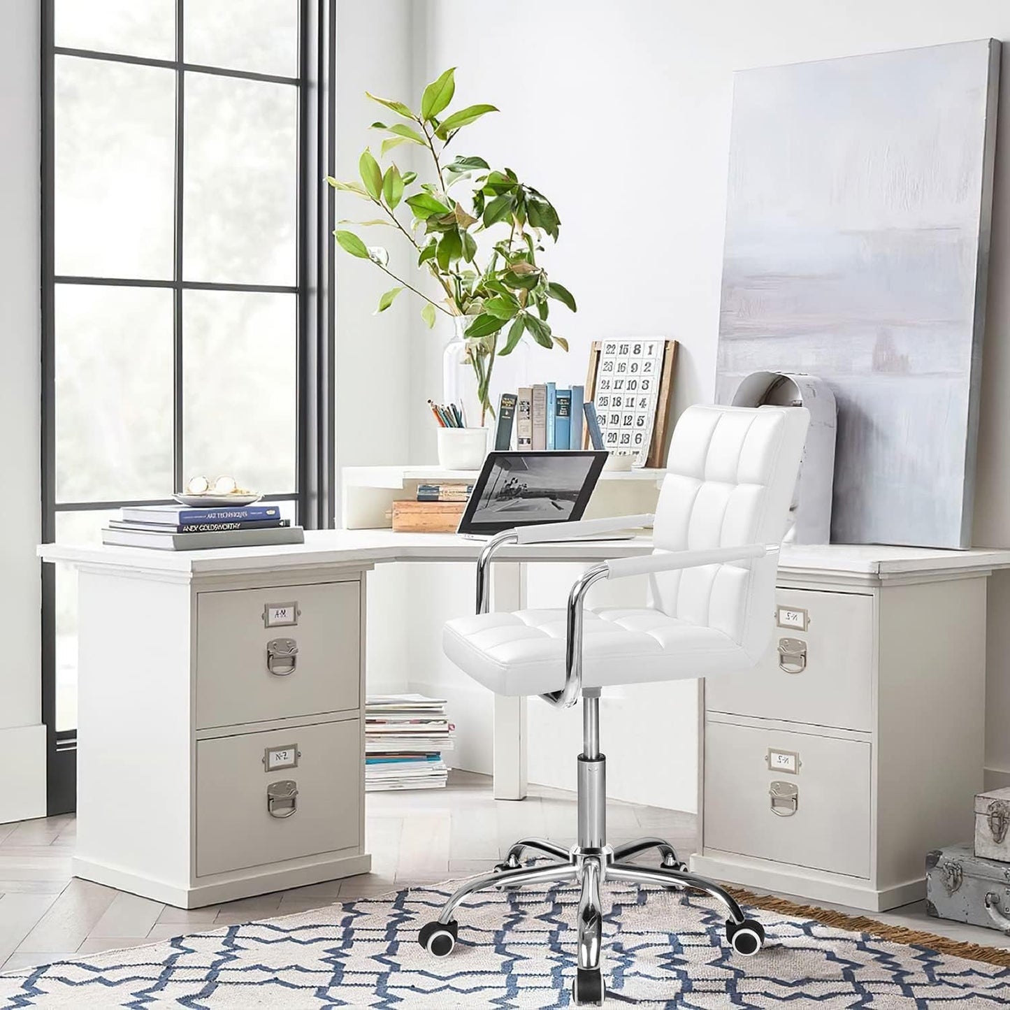 White Mid Back Office Task Chair With Adjustable Height And 360 Degree Swivel