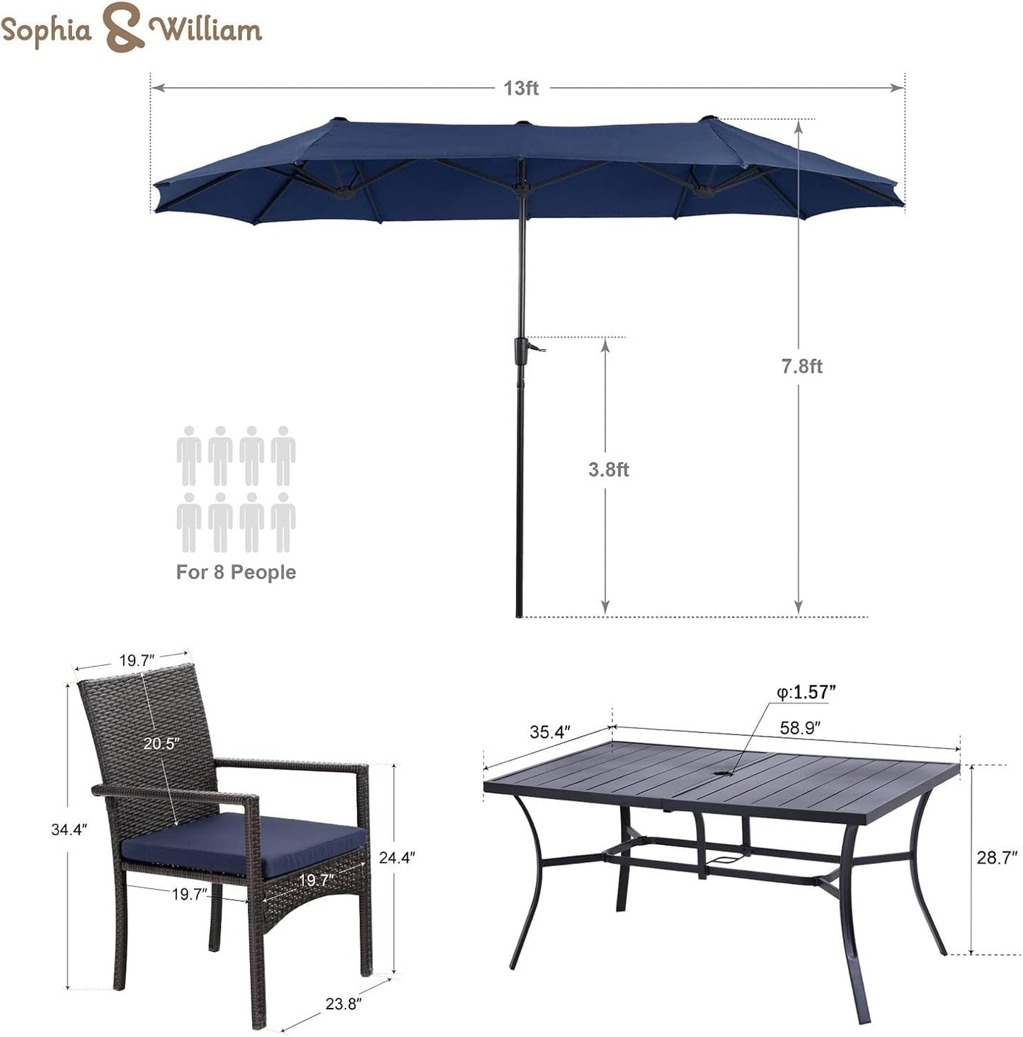 Navy Outdoor Patio Table And Chairs Set With Umbrella For 6