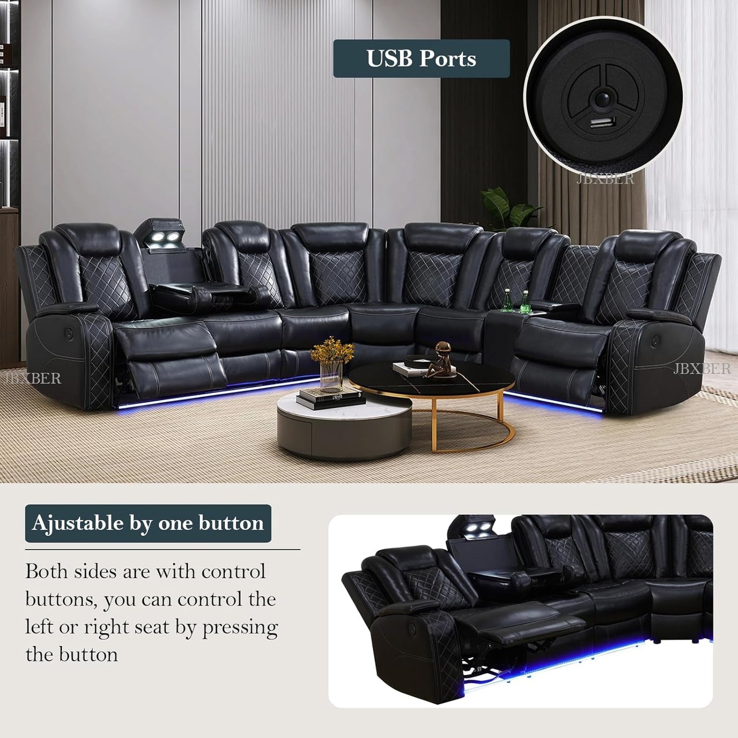 Power Recliner Sectional Sofa Set In Black With Led Lights