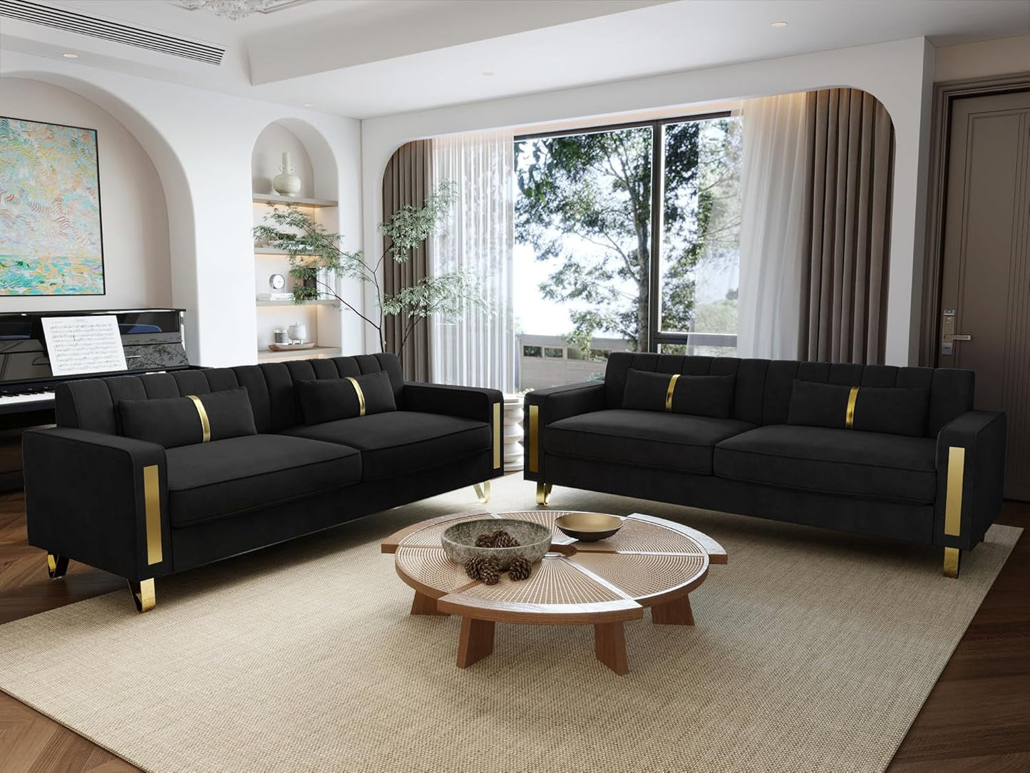 86-Inch Black Velvet Loveseat With Gold Metal Legs For Living Room