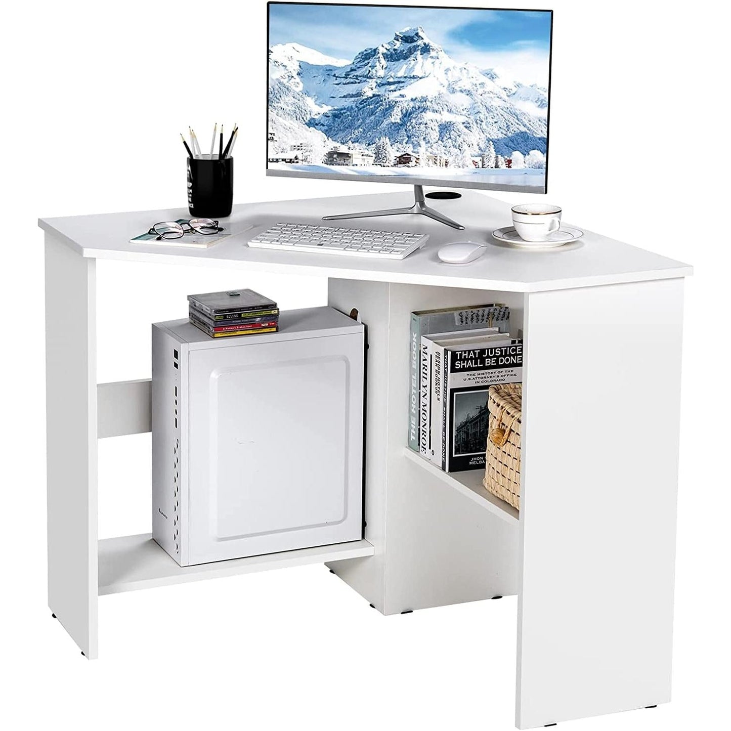 Compact White Corner Desk With Storage Shelves For Home Office