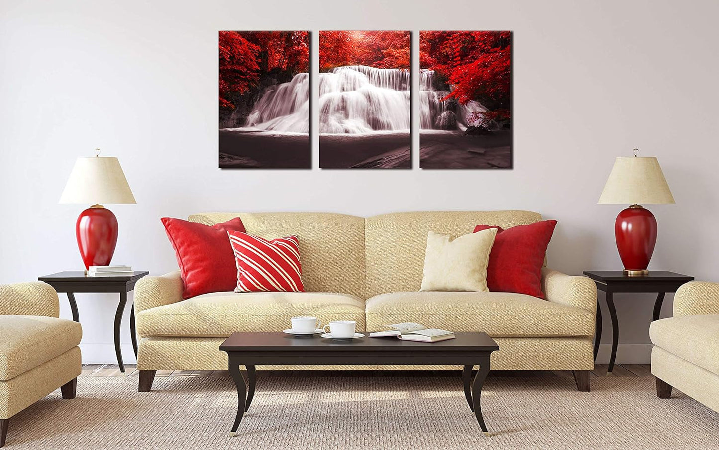 Stunning Black, White & Red Waterfall Canvas Wall Art - 3 Piece Set of Red Trees Forest Prints for Living Room & Office Decor - 16x24 Inch Each