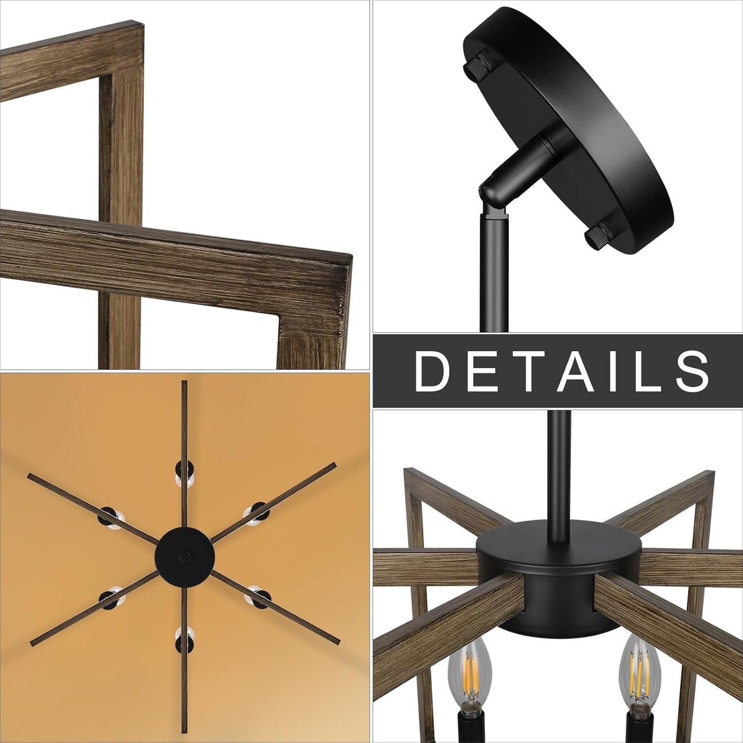6 Light Black Finish Modern Farmhouse Pendant Lights close-up details showing frame and ceiling mount.