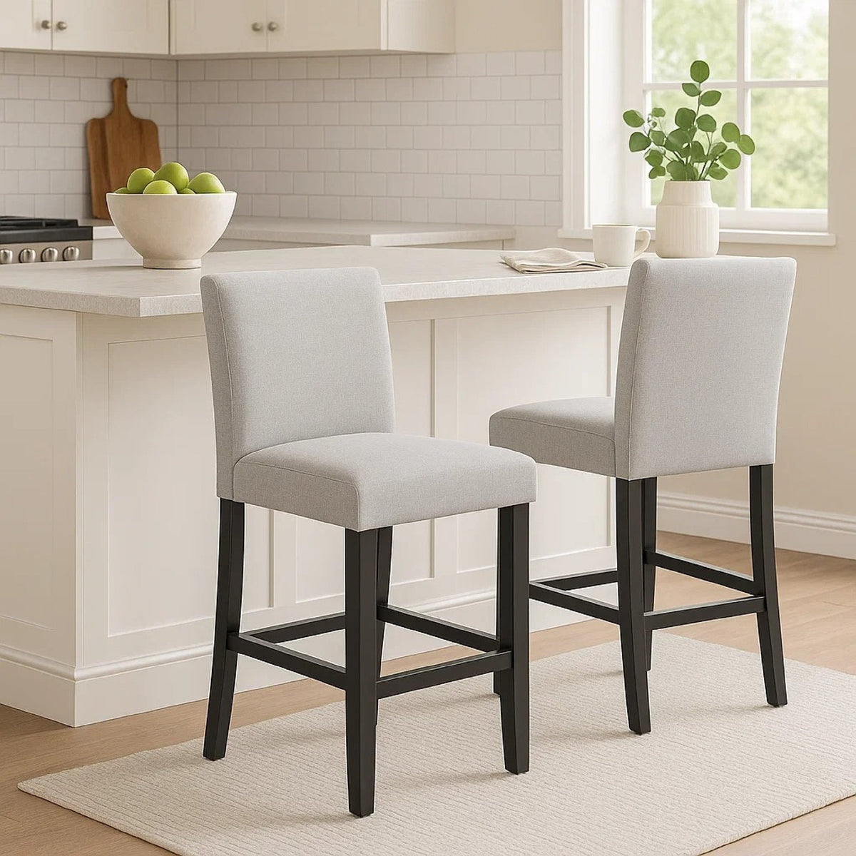 Riac Set of 2 Counter Height Chairs, Black Wood, Dove Gray Fabric Seat
