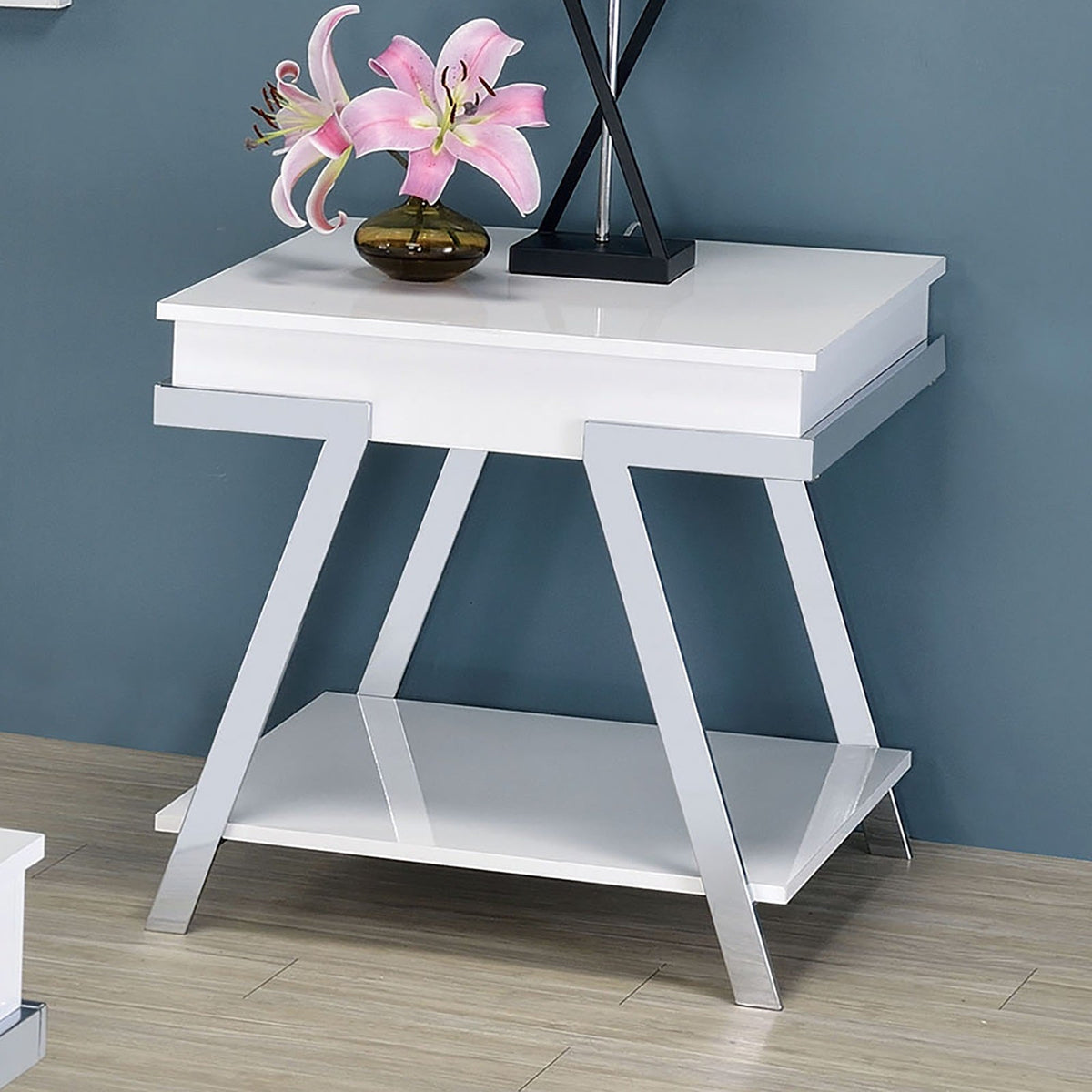 Contemporary Style White 1pc End Table High Gloss Finish Chrome Frame Gorgeous Living Room Furniture
