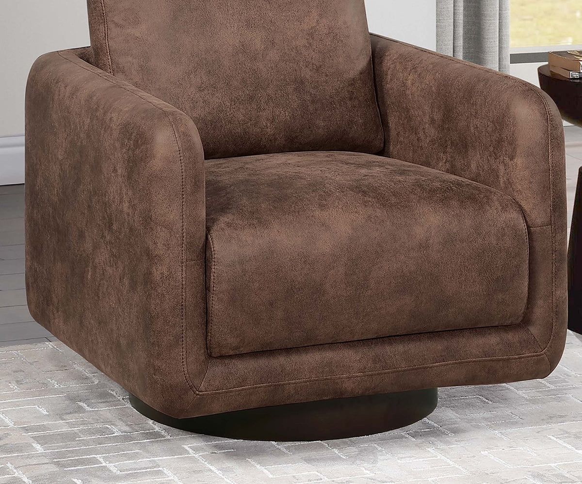 Gorgeous Walnut Color Leather Like Fabric 1pc Swivel Accent Chair Upholstered Living Room Chair Wooden Base