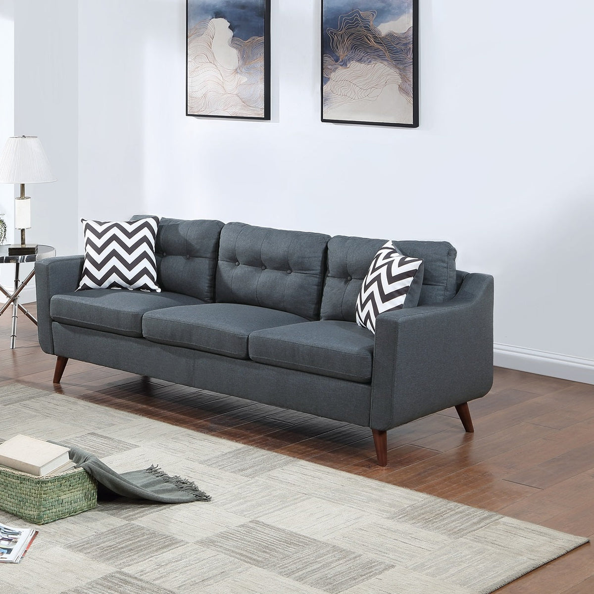 Modern Cozy Sofa Loveseat w Pillows 2pc Sofa Set Blue Gray Polyfiber Couch Tufted Cushions Living Room