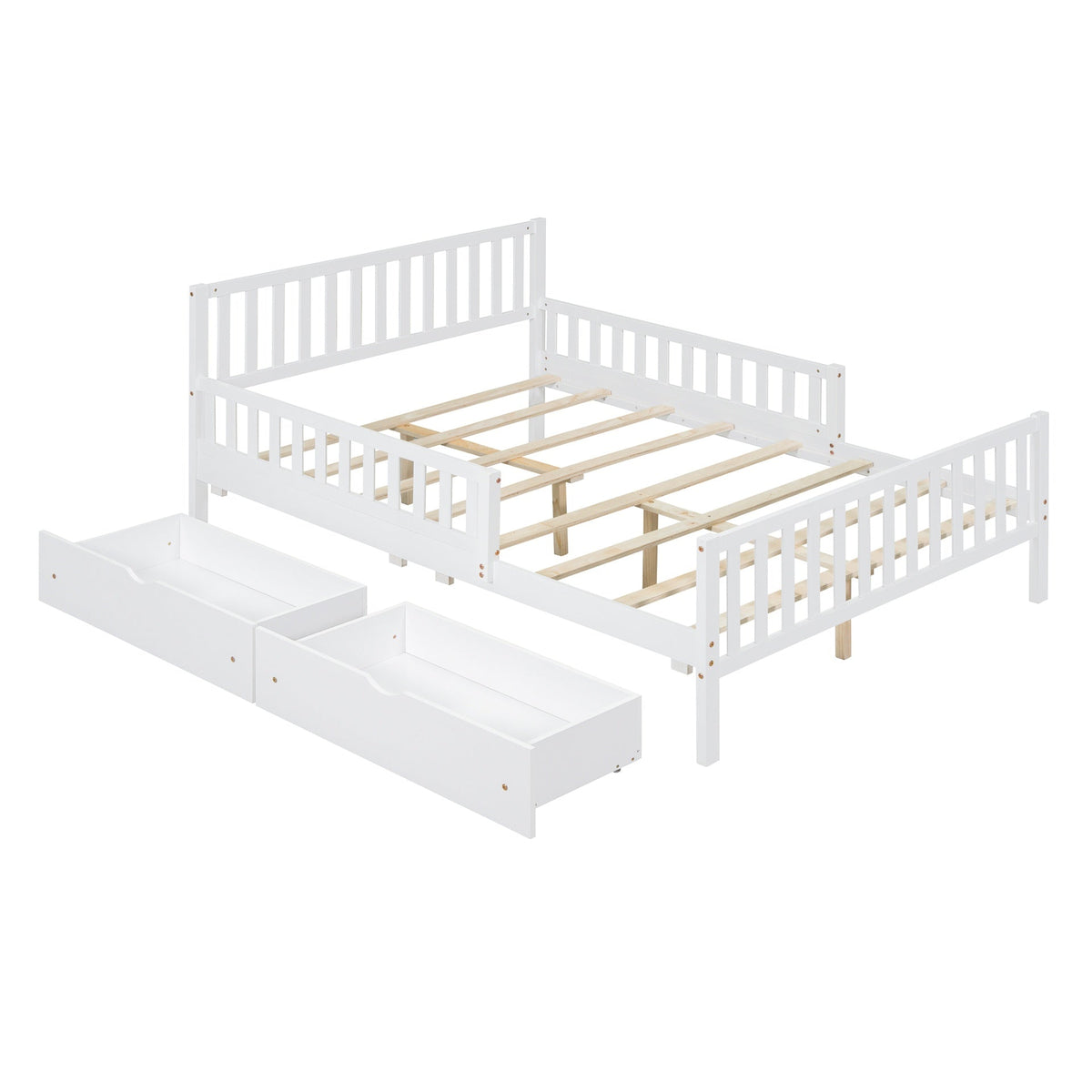 Full Size Wood Platform Bed with Guardrails on Both Sides and Two Storage Drawers ,White