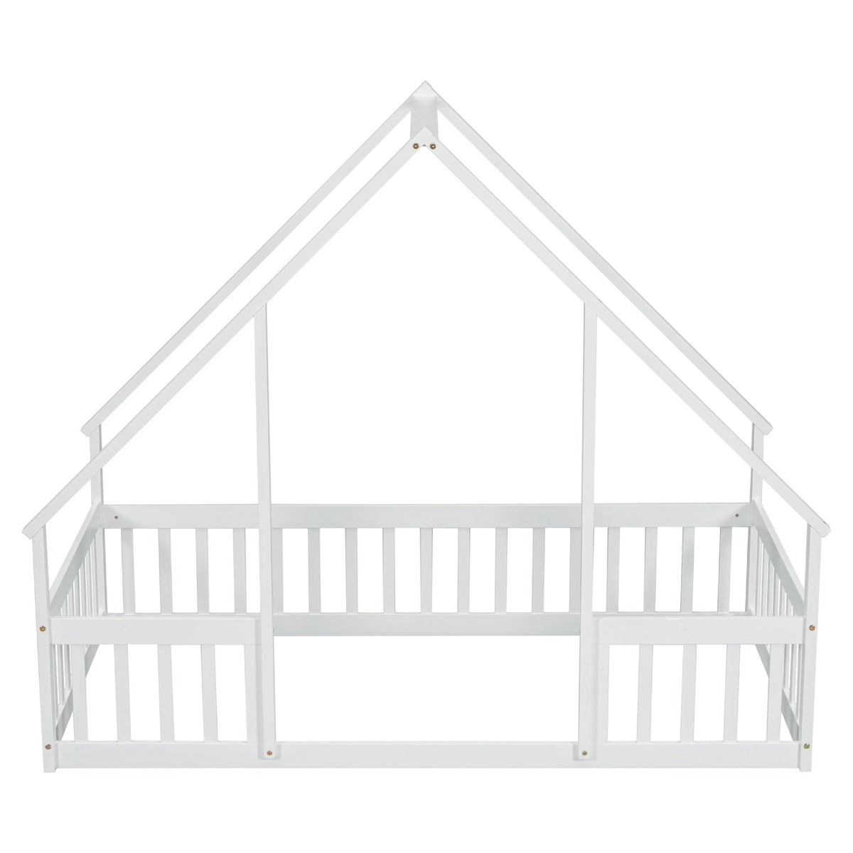 Twin Wood House-Shaped Floor Bed with Fence, Guardrails ,White