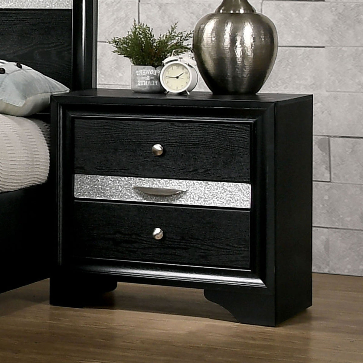 Contemporary Black 1pc Nightstand Nickle round Knob Handles English Dovetails Hidden Drawer Bedside Table