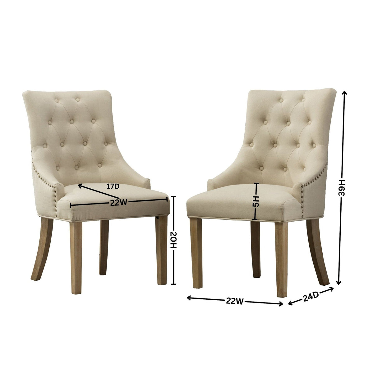 Tan Button Tufted Solid Wood Wingback Hostess Chairs with Nail Heads Set of 2