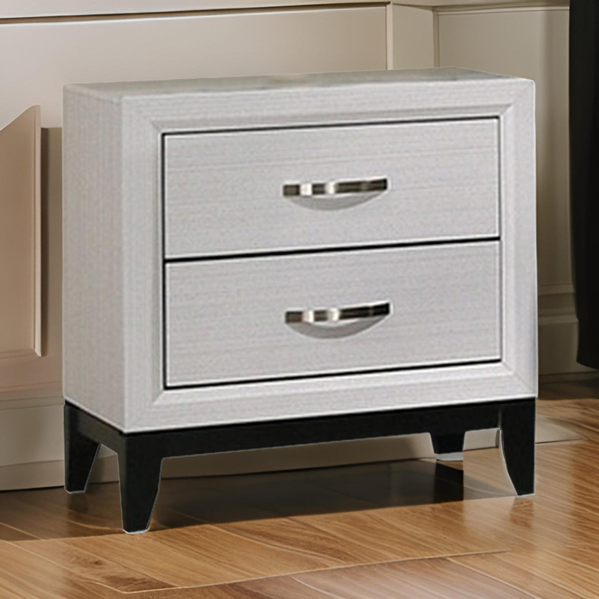 Erica Nightstand, 2 Drawers, White Wood Finished Frame, Metal Handles
