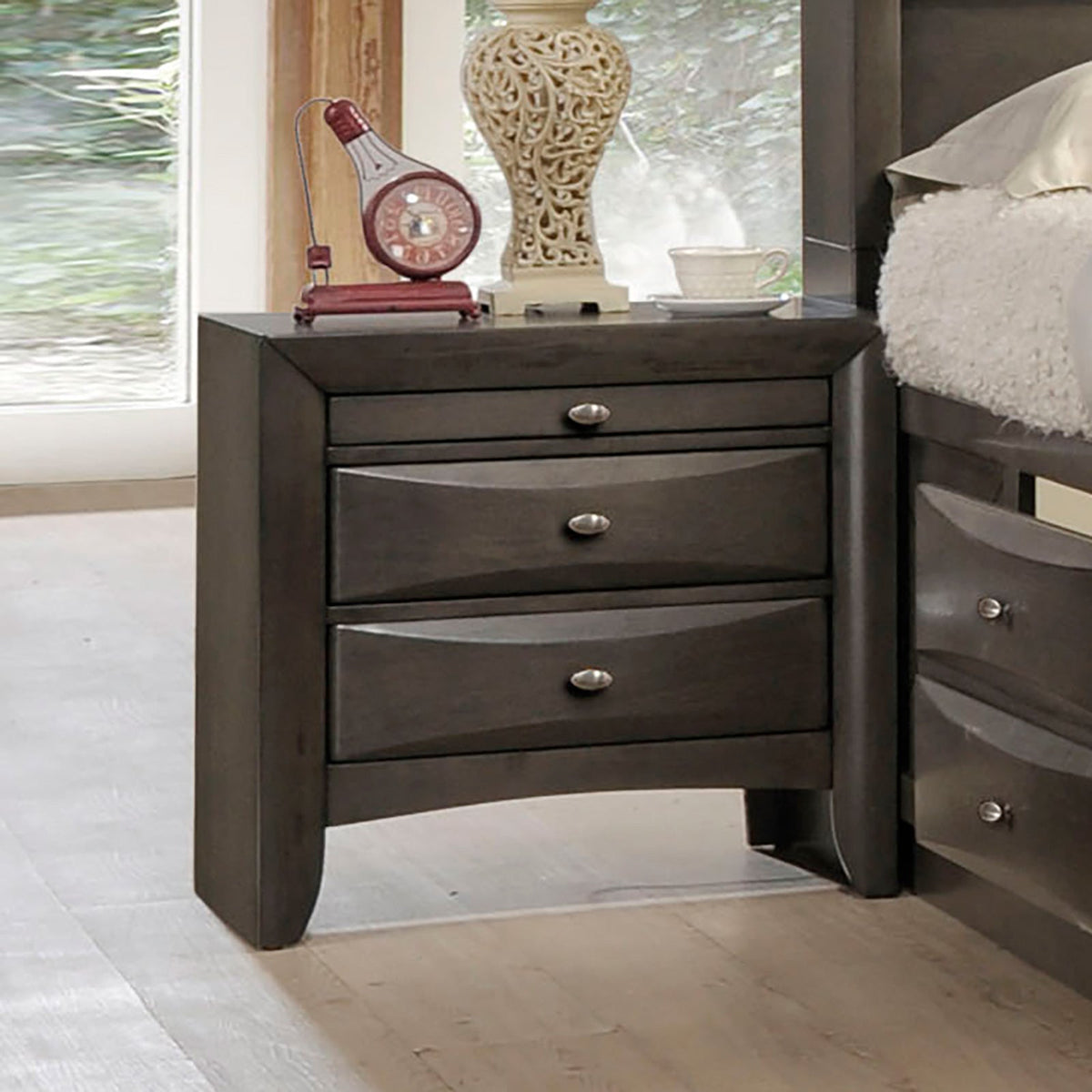 Gray Simple Contemporary 1pc Nightstand Solid wood Bedside Table Knob Pulls 2-Drawers Bedside Table