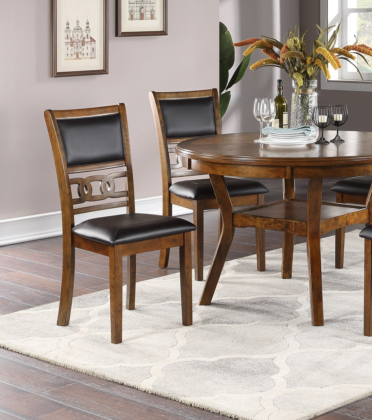 Contemporary Dining 5pc Set Round Table w 4x Side Chairs Walnut Finish Rubberwood Unique Design