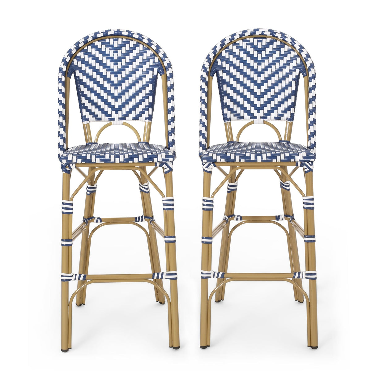 29.5" Outdoor PE Rattan French Barstool, Navy Blue and White, Aluminum Frame with Bamboo Finish (Set of 2)