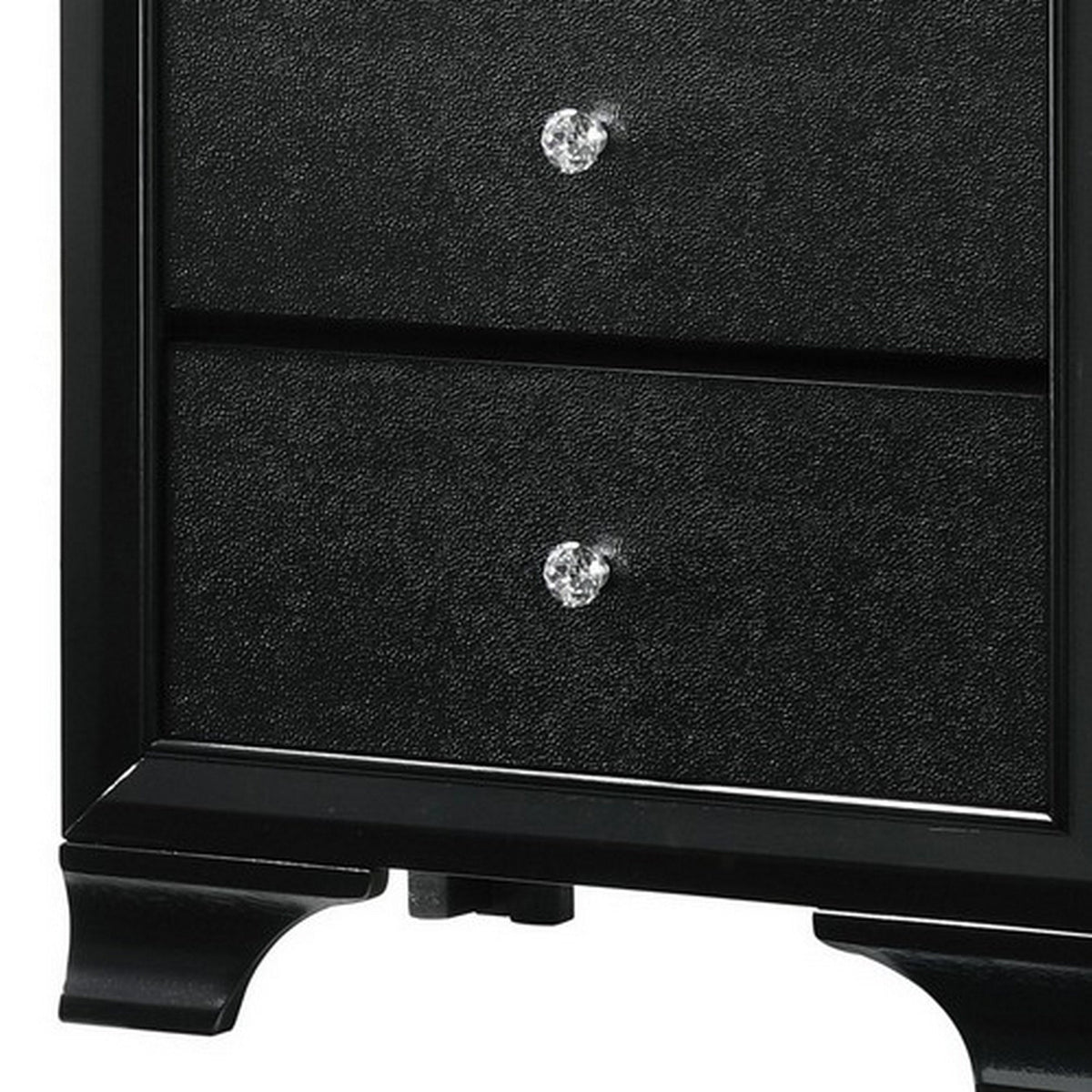 2 Drawer Wooden Nightstand with Textured Details and Crystal Pulls, Black