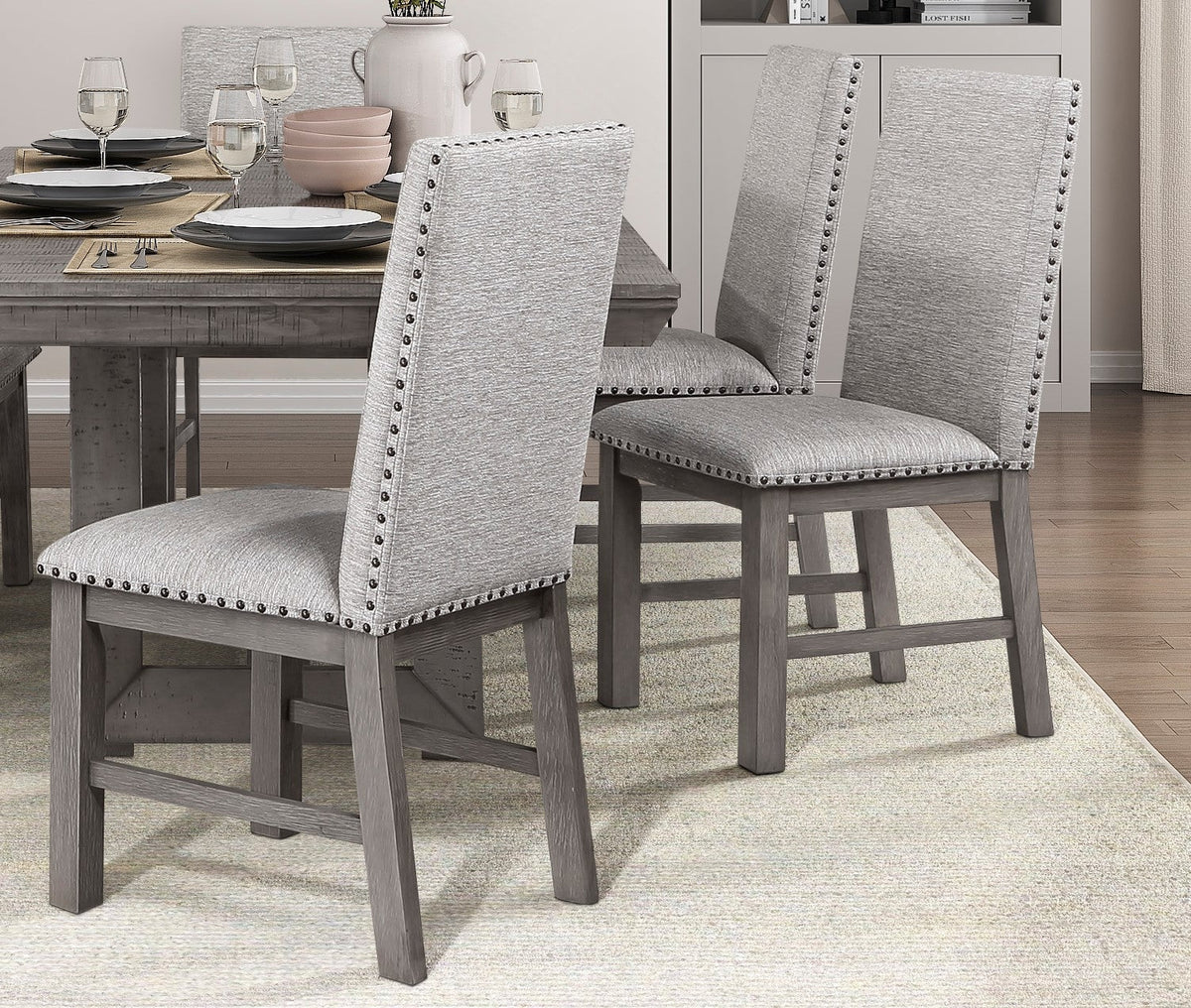 Rustic Design Dining Table 7pc Set Gray Finish Table w Extension leaf and 6x Fabric Upholstered Side Chairs Modern Dining Room Furniture