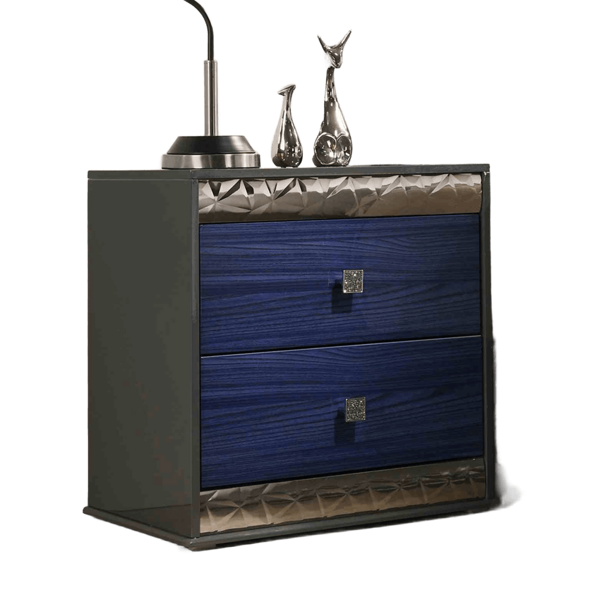 Glam Style 1pc Nightstand Chrome Molding Metal Side Glide Ash Gray And Indigo Blue Finish Bedroom Furniture
