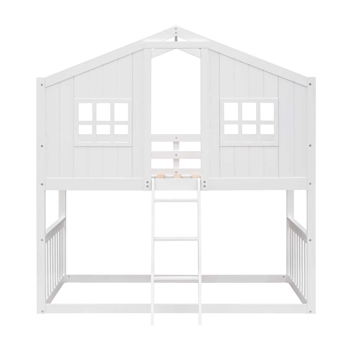 Twin Over Twin House Bunk Bed With Ladder, Wood Bed-White(OLD SKU:LT000184AAK)