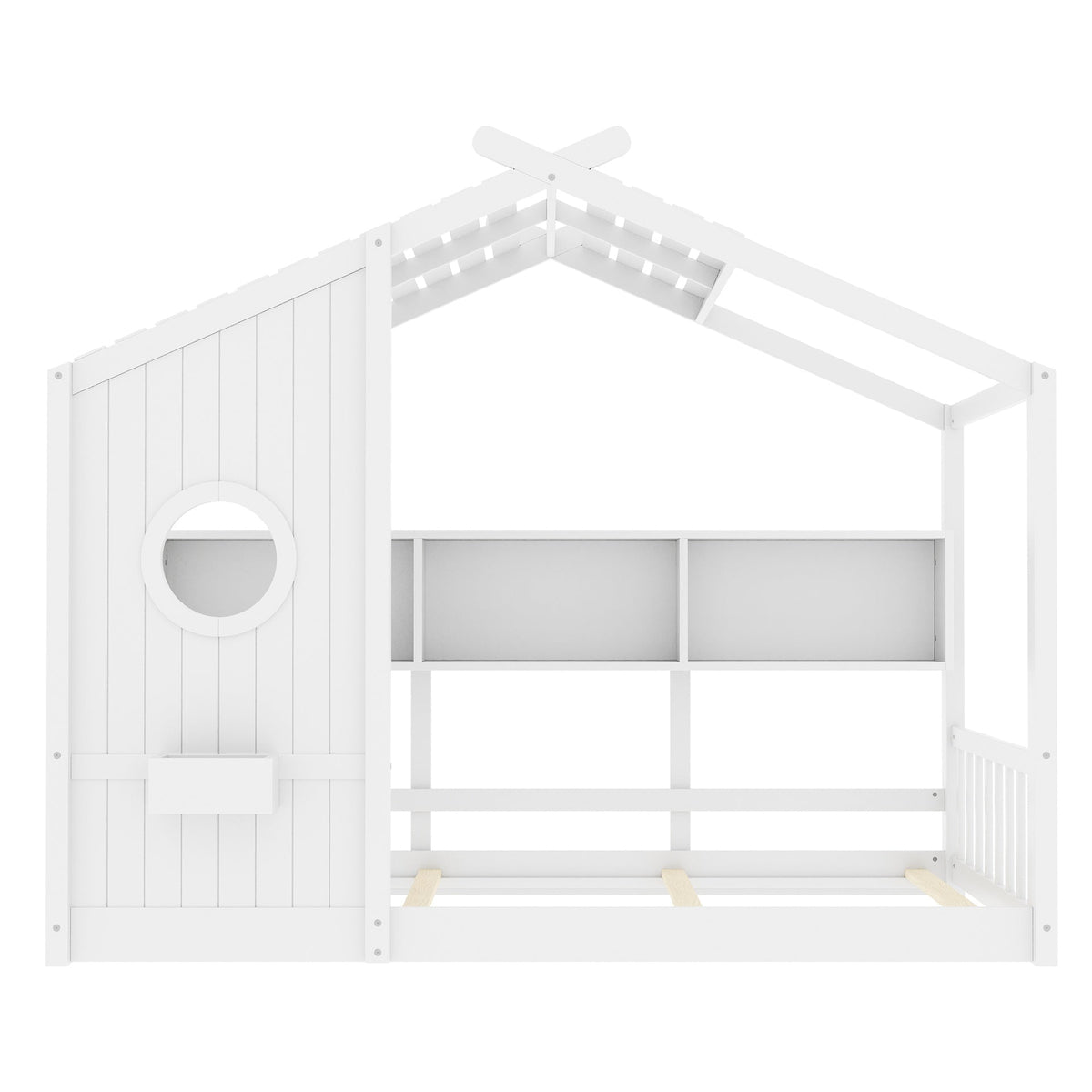 Twin Size Floor House Bed for Toddler, Kids Montessori Bed with Storage Shelf, Playhouse Bed with Roof Design, White