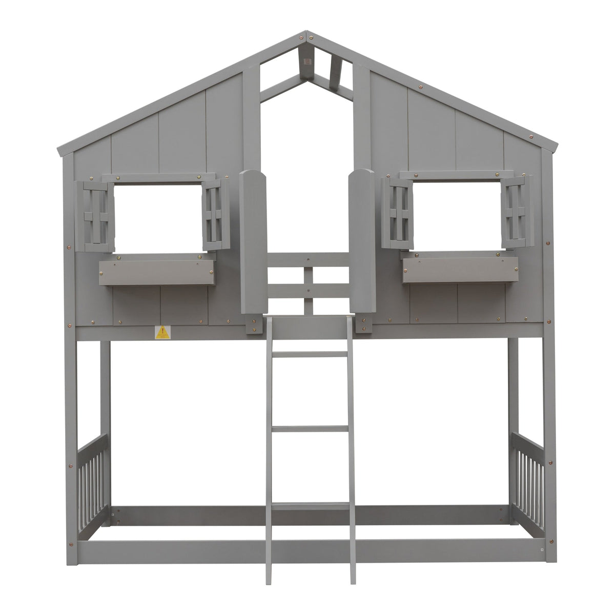 Twin over Twin House Bunk Bed with Roof , Window, Window Box, Door , with Safety Guardrails and Ladder, Grey