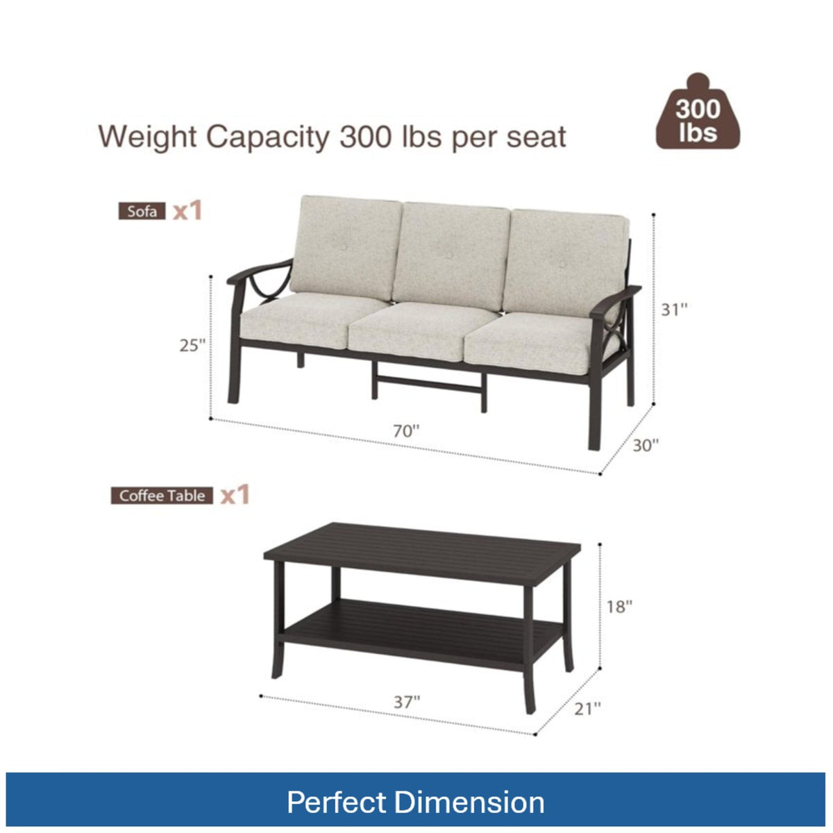 2 Piece Outdoor Patio Set, 70 Inches All-Weather Metal 3-Seat Metal Patio Sofa and Rectangular coffee Table, with Beige Cushions & Khaki Frame