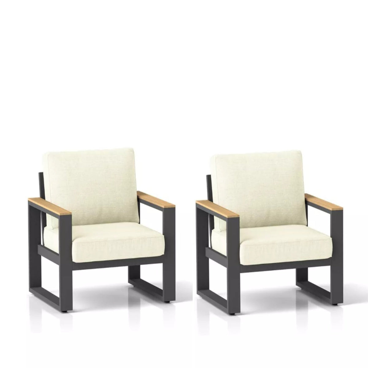 Set of 2 26.6" All-Weather Aluminum Patio Armchairs with Thick Beige Cushions