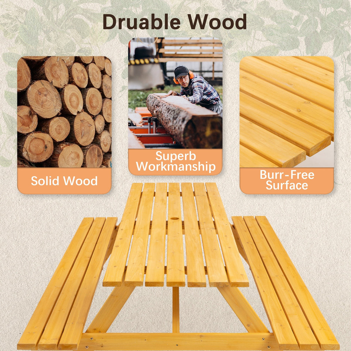 8 Person Brown Wooden Picnic Table, Outdoor Camping Dining Table with 2 Seats, Garden, DIY with 2 Built-in Benches, 2220lb Capacity