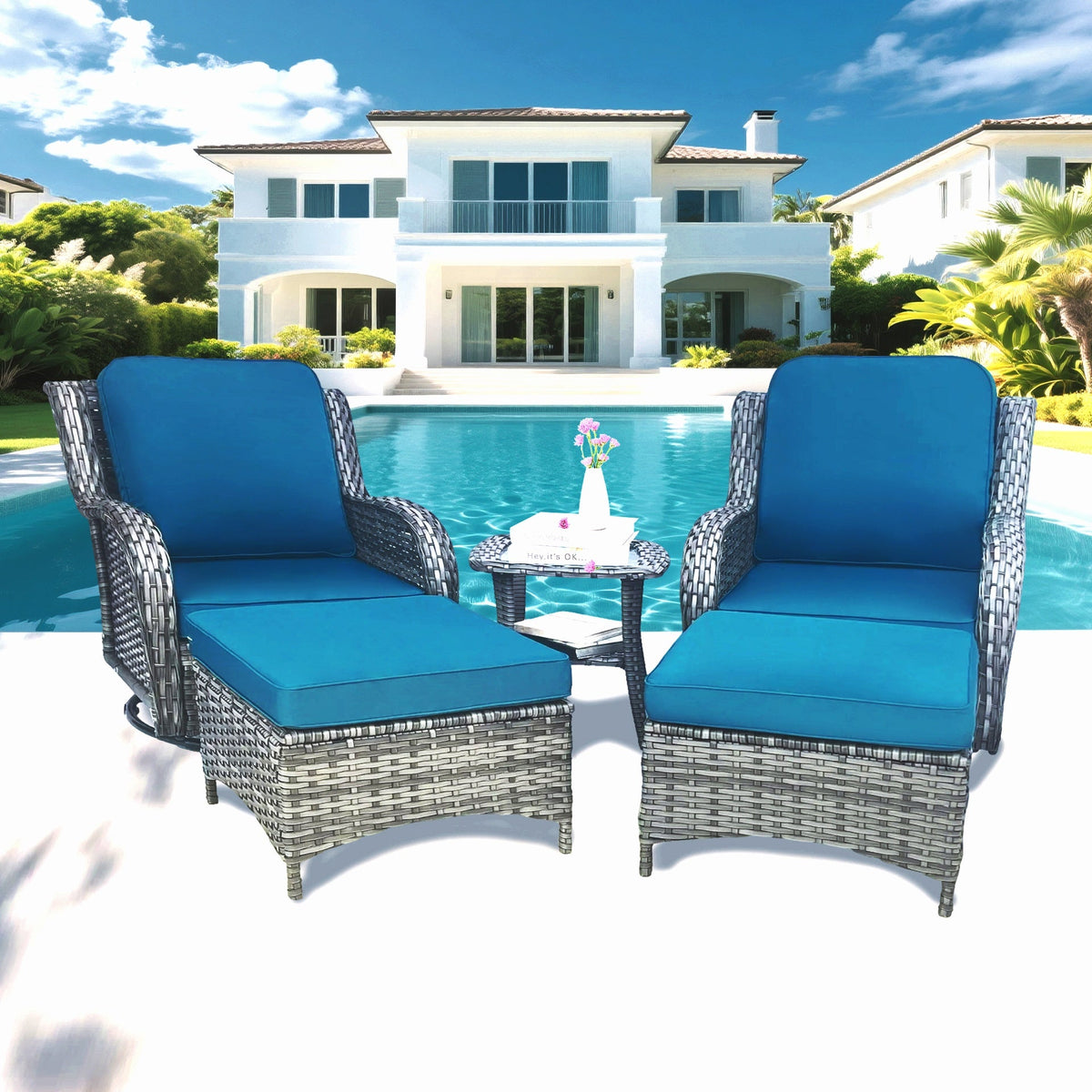 Wicker Patio Furniture Set - 5 Piece Rattan Outdoor Sectional Conversation Sets with 2 Swivel Rocking Chairs,2 Ottomans and 1 Side Table for Porch Deck Garden