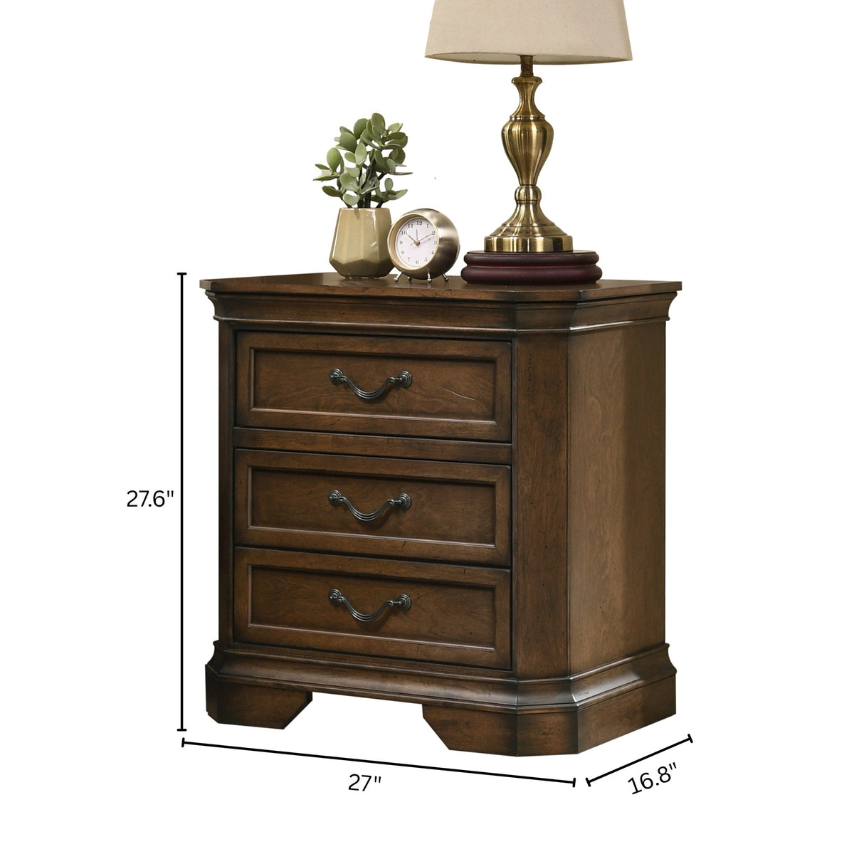 Maderne Traditional Wood 3-Drawer Nightstand, Antique Walnut/Brown