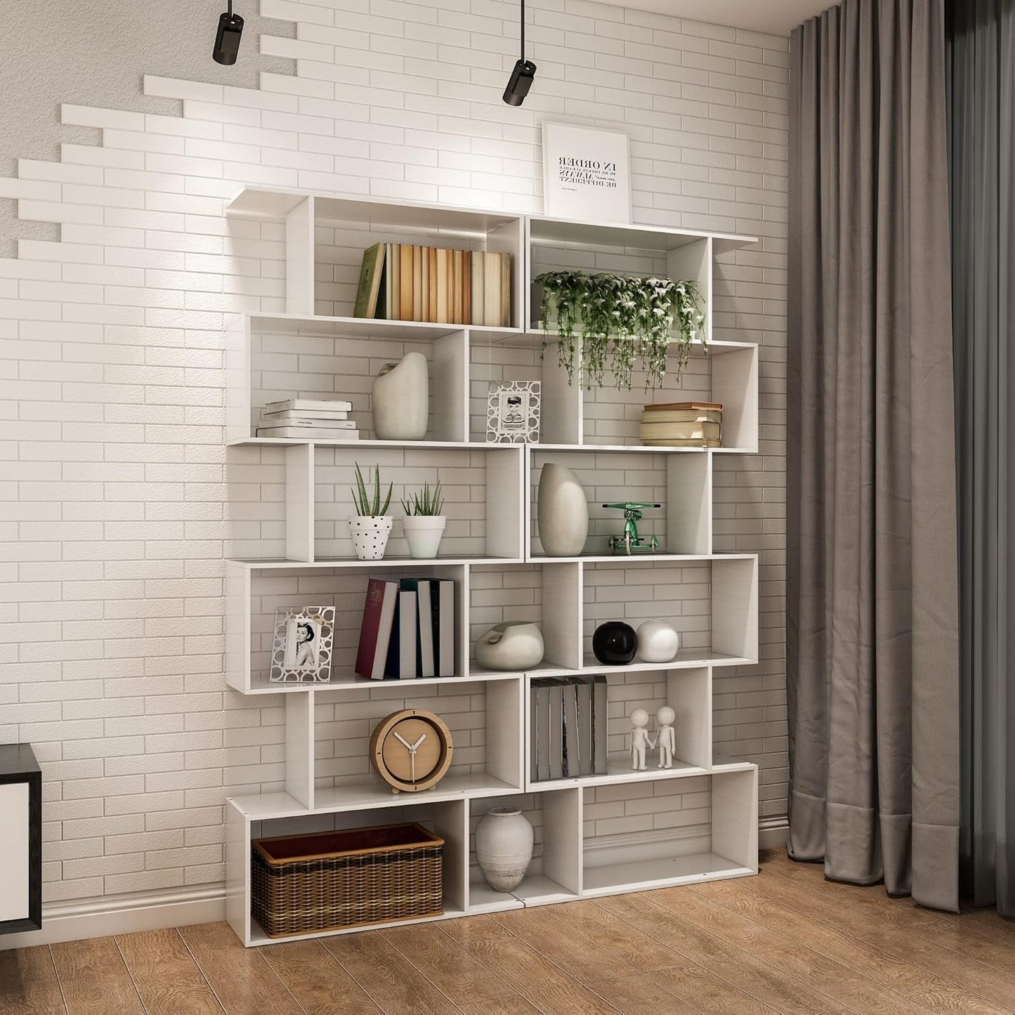 S Shaped Bookshelf White 6 Tier Display Bookcase Office