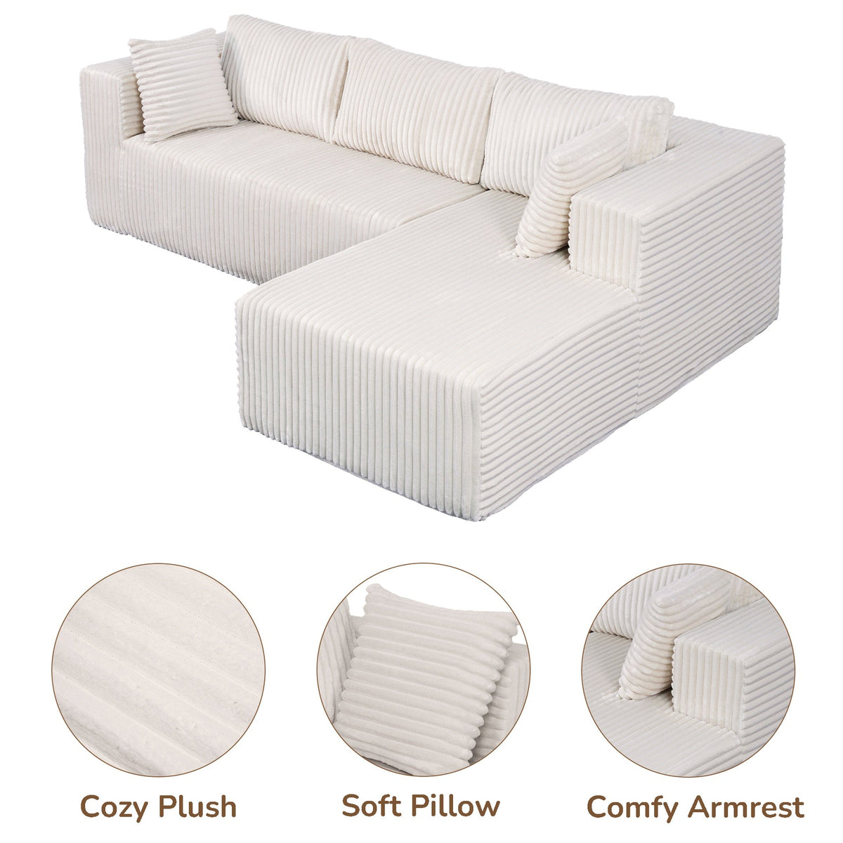 105" L-Shaped Modular Compression Sofa, Plush Upholstery, All-Foam Structure (No Springs), Vacuum-Packed, Space-Saving for Living Room, Bedroom, Apartment (Left Chaise)