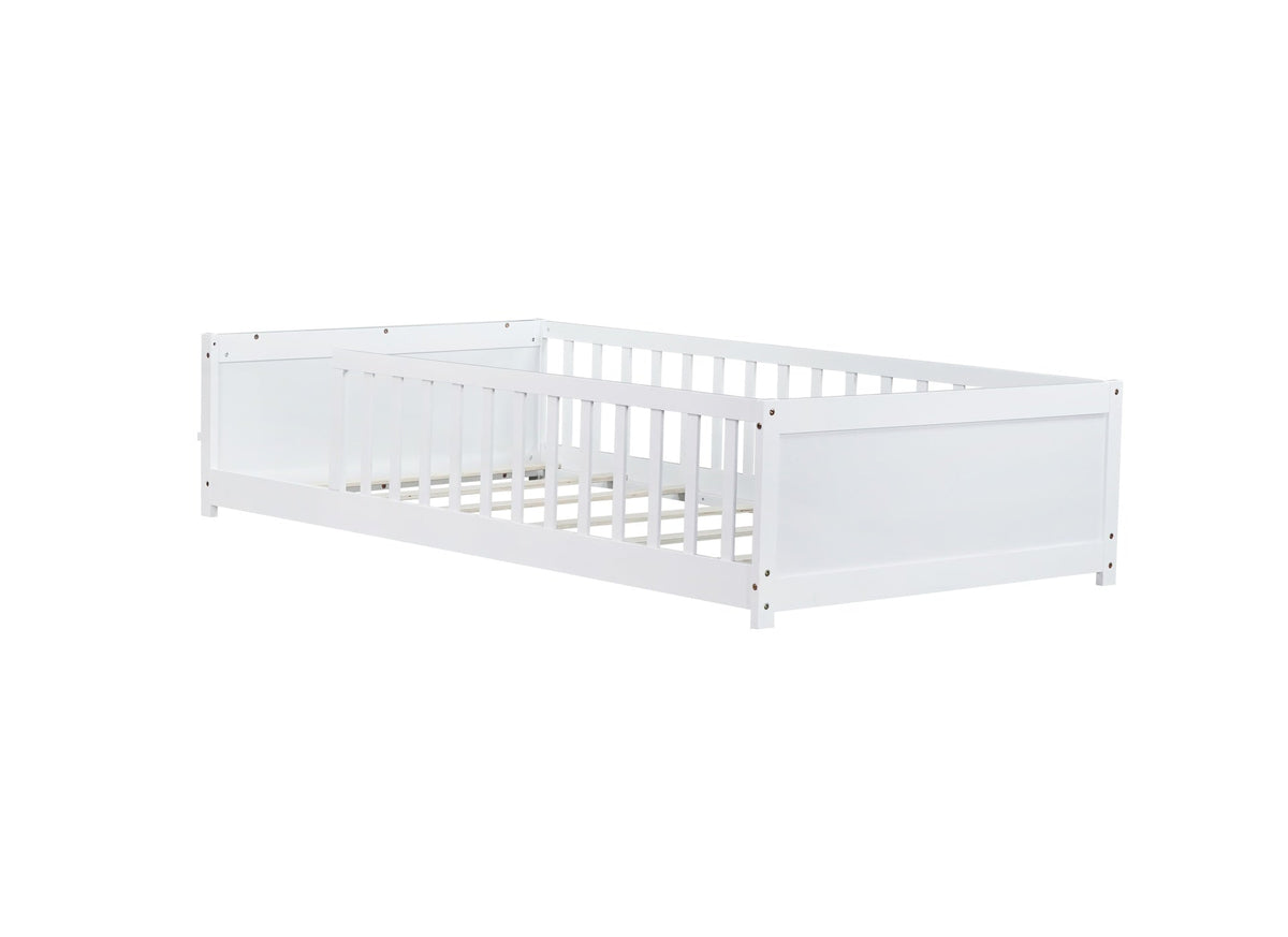 Twin size Floor Platform Bed with Built-in Book Rack,White(Old Sku:W504P143307)