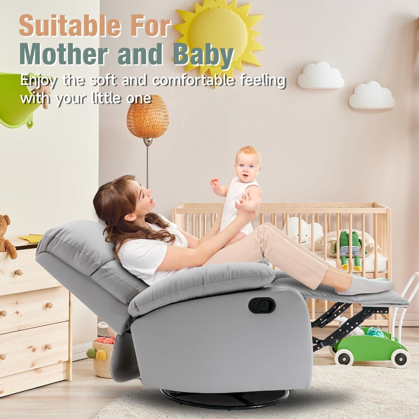 Light Grey Swivel Rocker Recliner Chair For Small Spaces