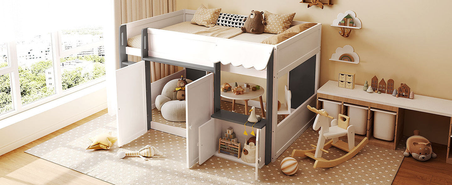 Full Loft House Bed with Playhouse & Storage, Modern Wood Cabin Bed for Kids/Teens, White+Gray
