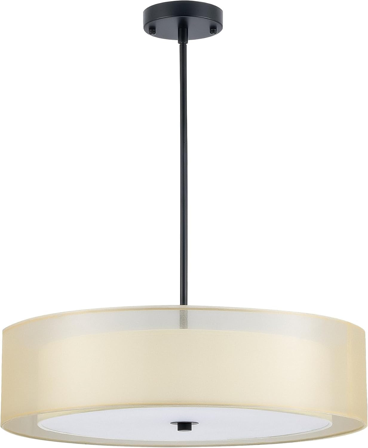 20 Inch Black Drum Pendant Light With Fabric Shade Three Light Matte Finish For Living Room