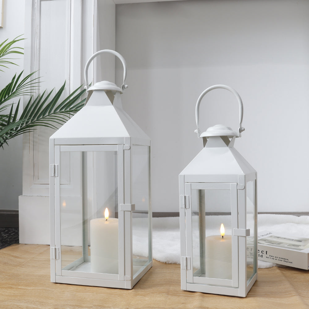 17.5"&13.5"Set of 2 Metal Candle Lanterns(White)