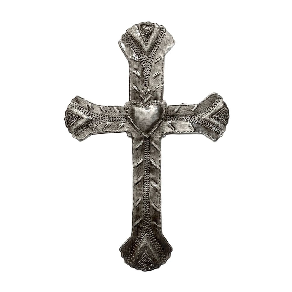 Recycled Metal Heart Cross 12"