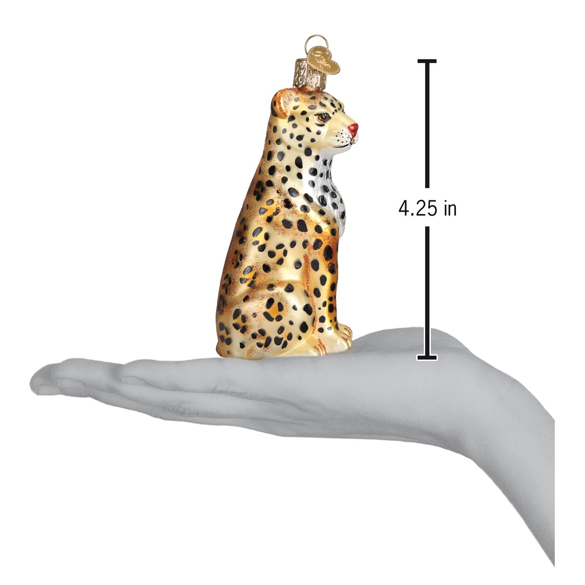 Glass leopard ornament with measurement on a white background